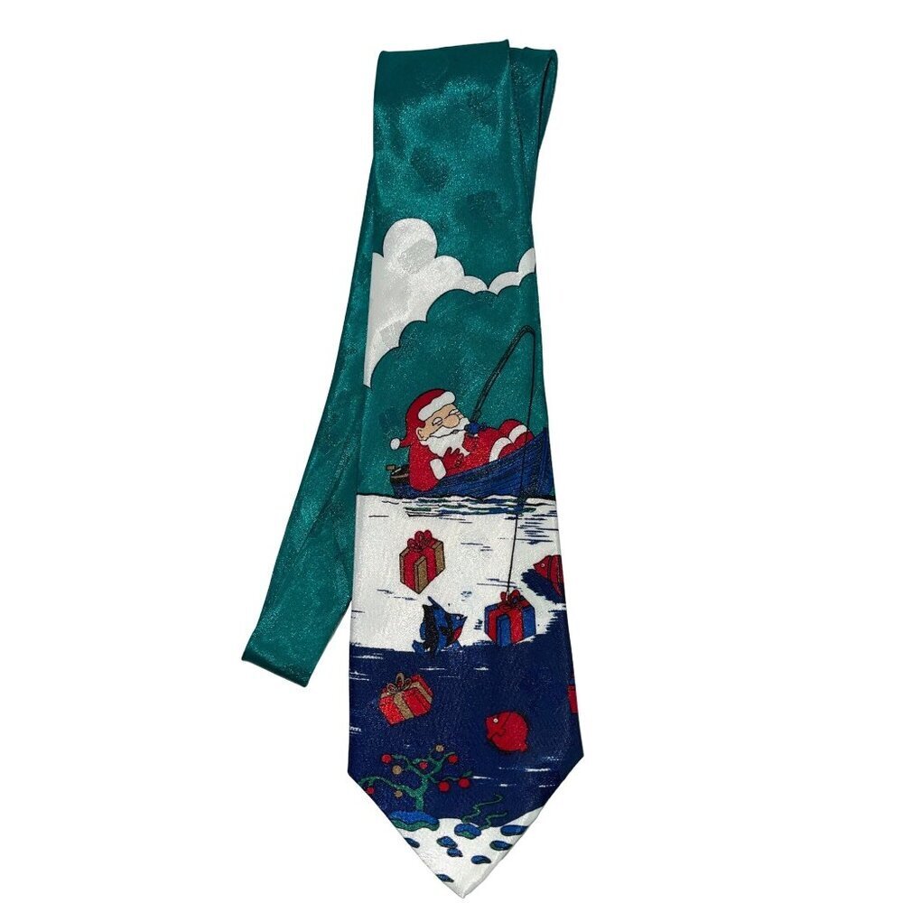 VTG Hallmark Men's Yule Tie Greetings Santa Fishing Neck Tie Christmas Holiday